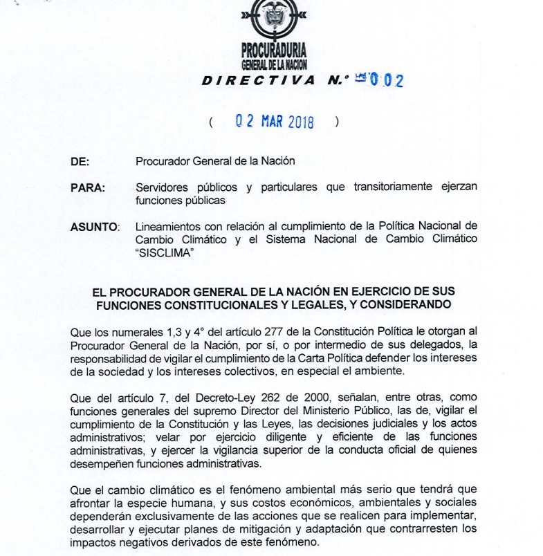 Procuraduría General de la Nación fija lineamientos para el cumplimiento de las Políticas para el cambio climático en Colombia