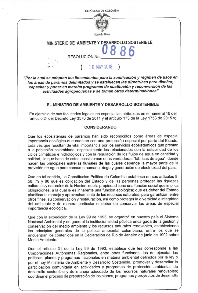 Colombia: Lista resolución para zonificación y régimen de usos en páramos