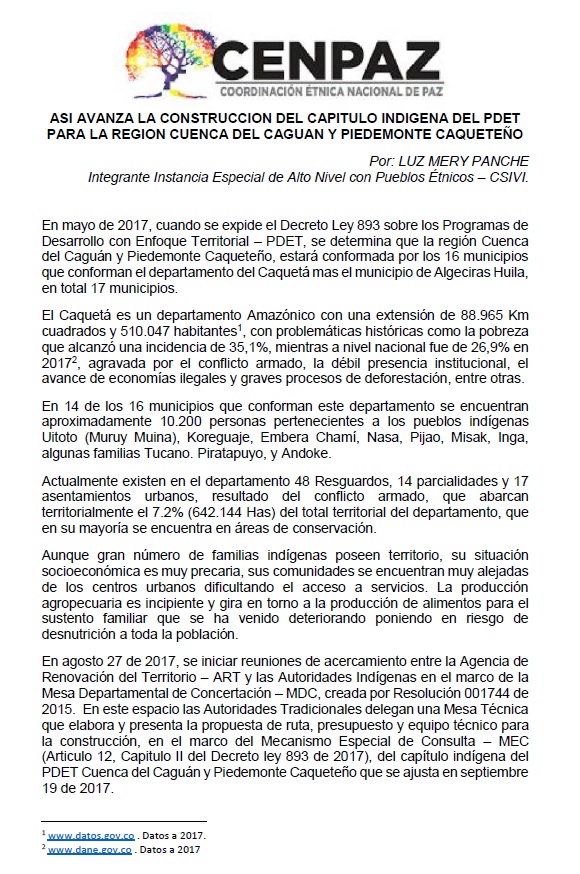 Así avanza la construcción del capítulo indígena del PDET para la región cuenca del Caguán y Piedemonte Caqueteño