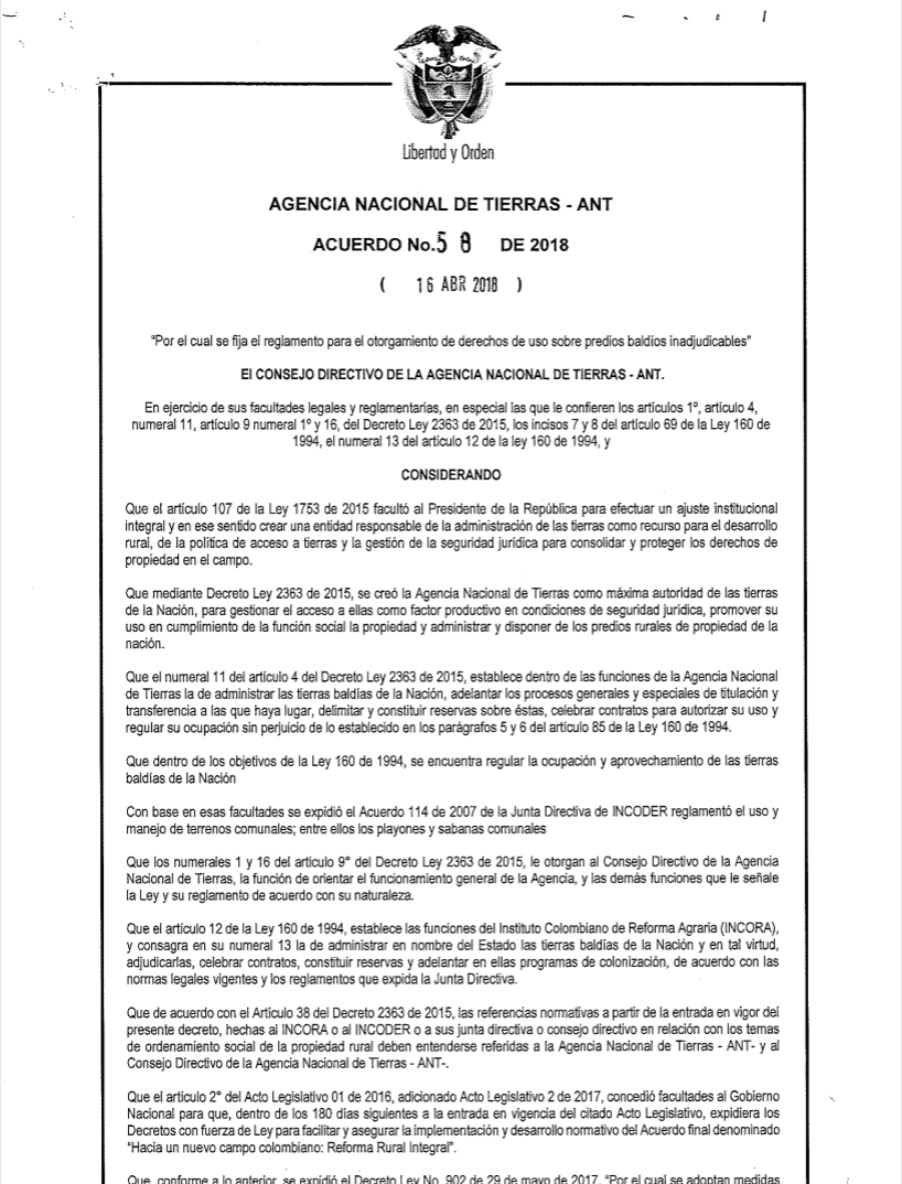 Acuerdo 058 de 2018 de la ANT, para el otorgamiento de derechos de uso sobre baldíos inadjudicables