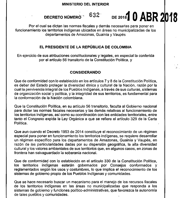 Decreto 632 del 10 de Abril del 2018: territorios indígenas en áreas no municipalizadas