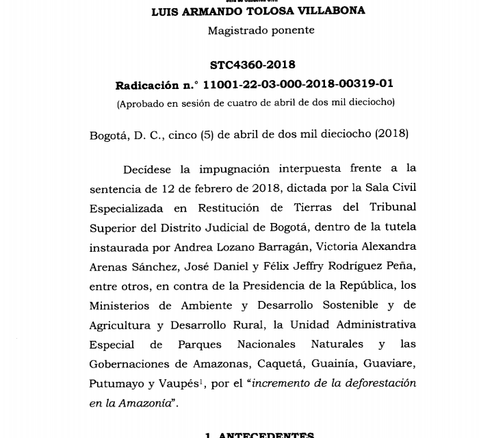 Fallo STC4360-2018 de la Corte Suprema sobre la protección de la Amazonía colombiana