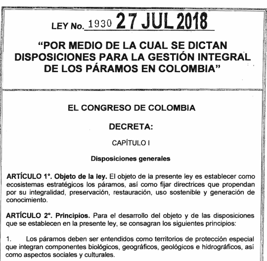 Ley 1930 sobre la gestión integral de los páramos en Colombia