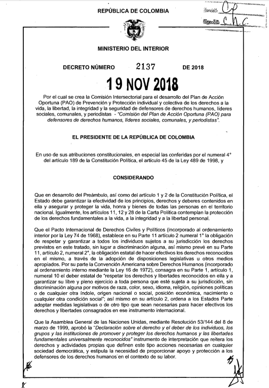 Decreto 2137 para la protección de líderes y defensores de Derechos Humanos