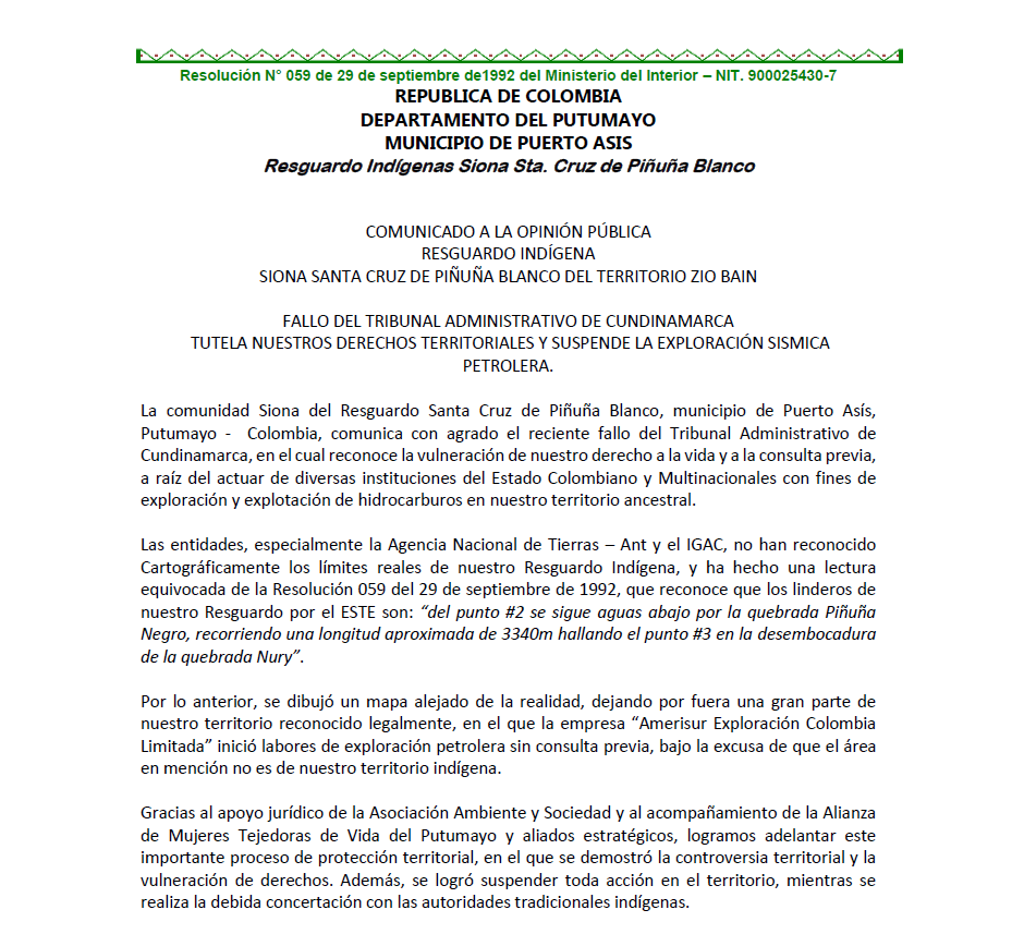 resguardo_indigena_siona_piñuña_fallo_tribunal_administrativo_derechos_territoriales_exploración_sismica_petrolera