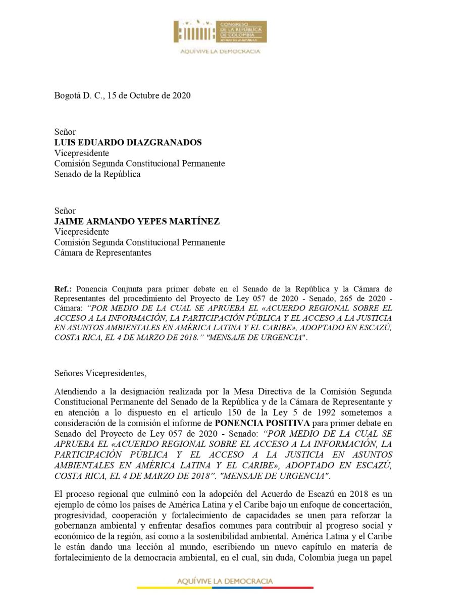 Radican ponencia positiva para primer debate sobre el Acuerdo de Escazú