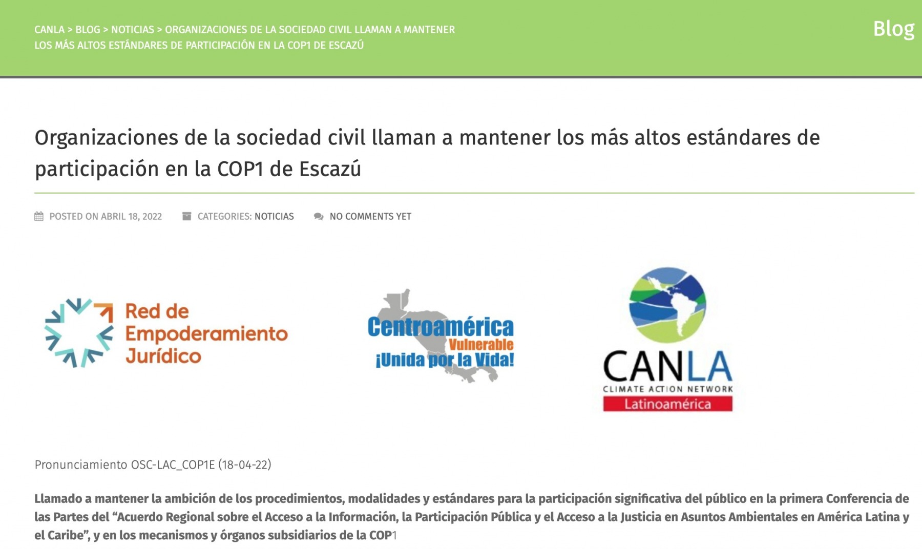 Organizaciones de la sociedad civil llaman a mantener los más altos estándares de participación en la COP1 de Escazú